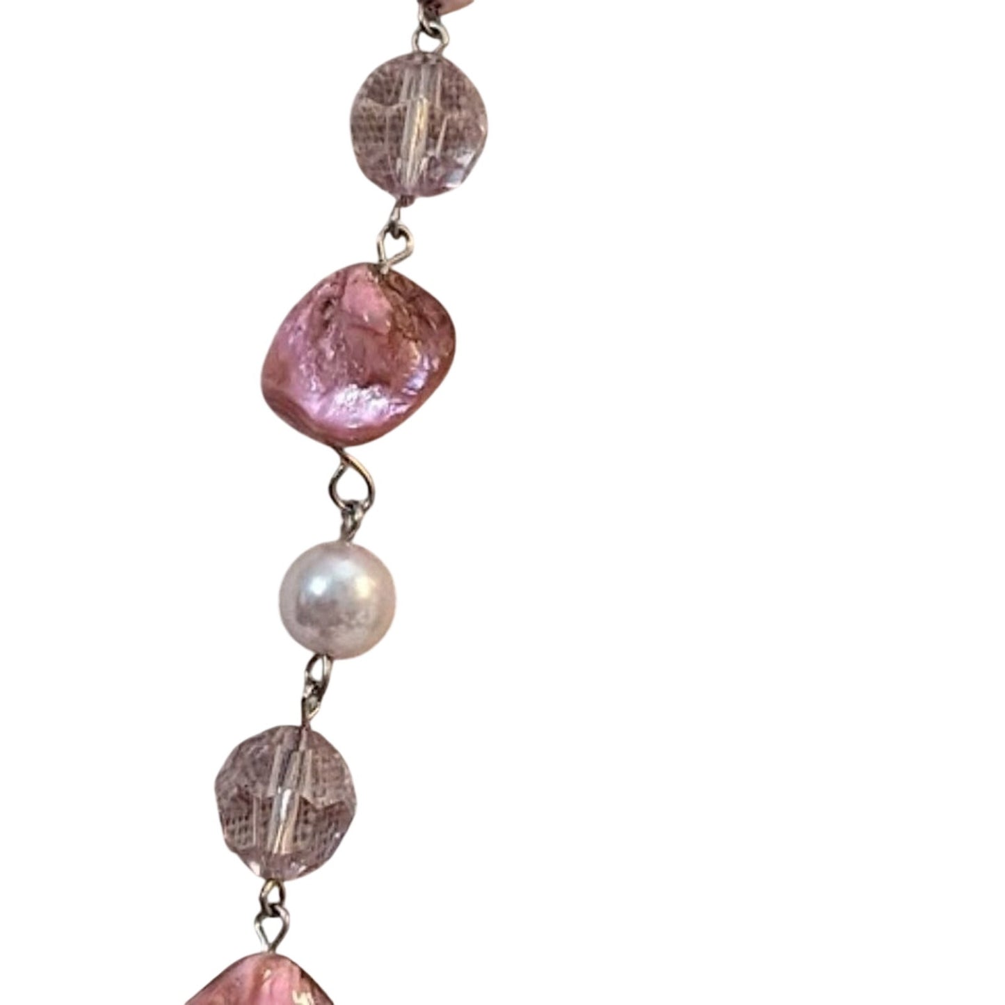 Pink Shell Faux Pearl Pink & Clear Faceted Beaded Cluster Pendant Chain Necklace