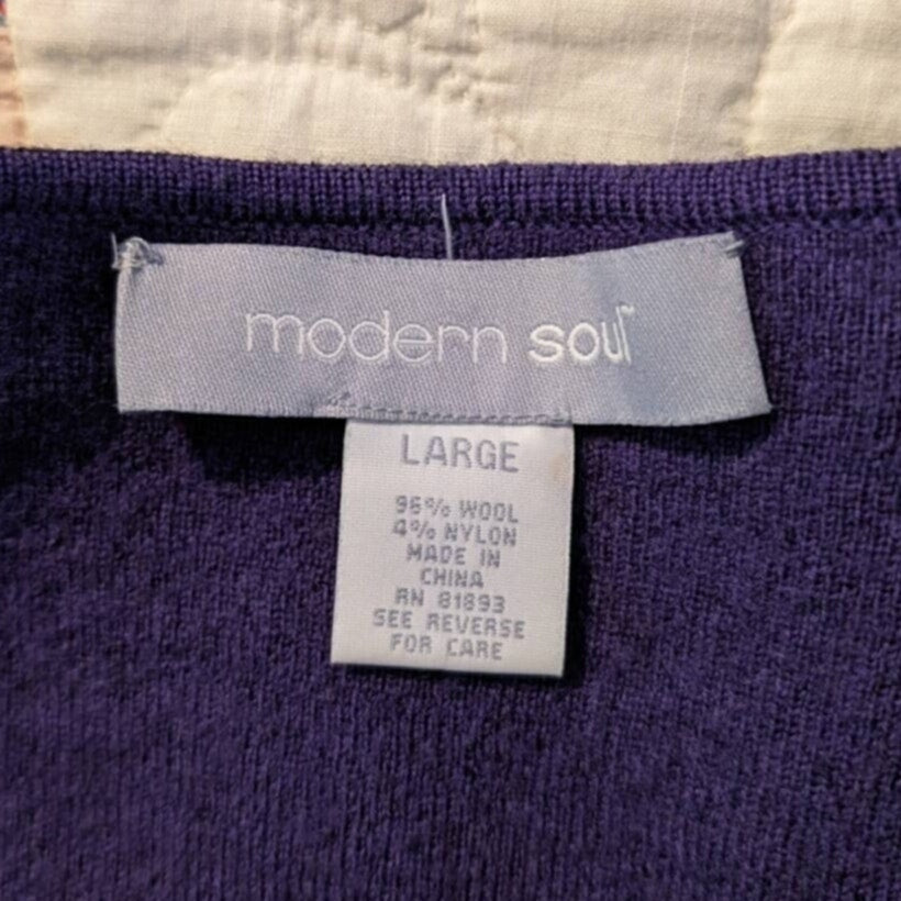Modern Soul Open Front Black Wool Blend Cardigan w/ Purple Trim Size L