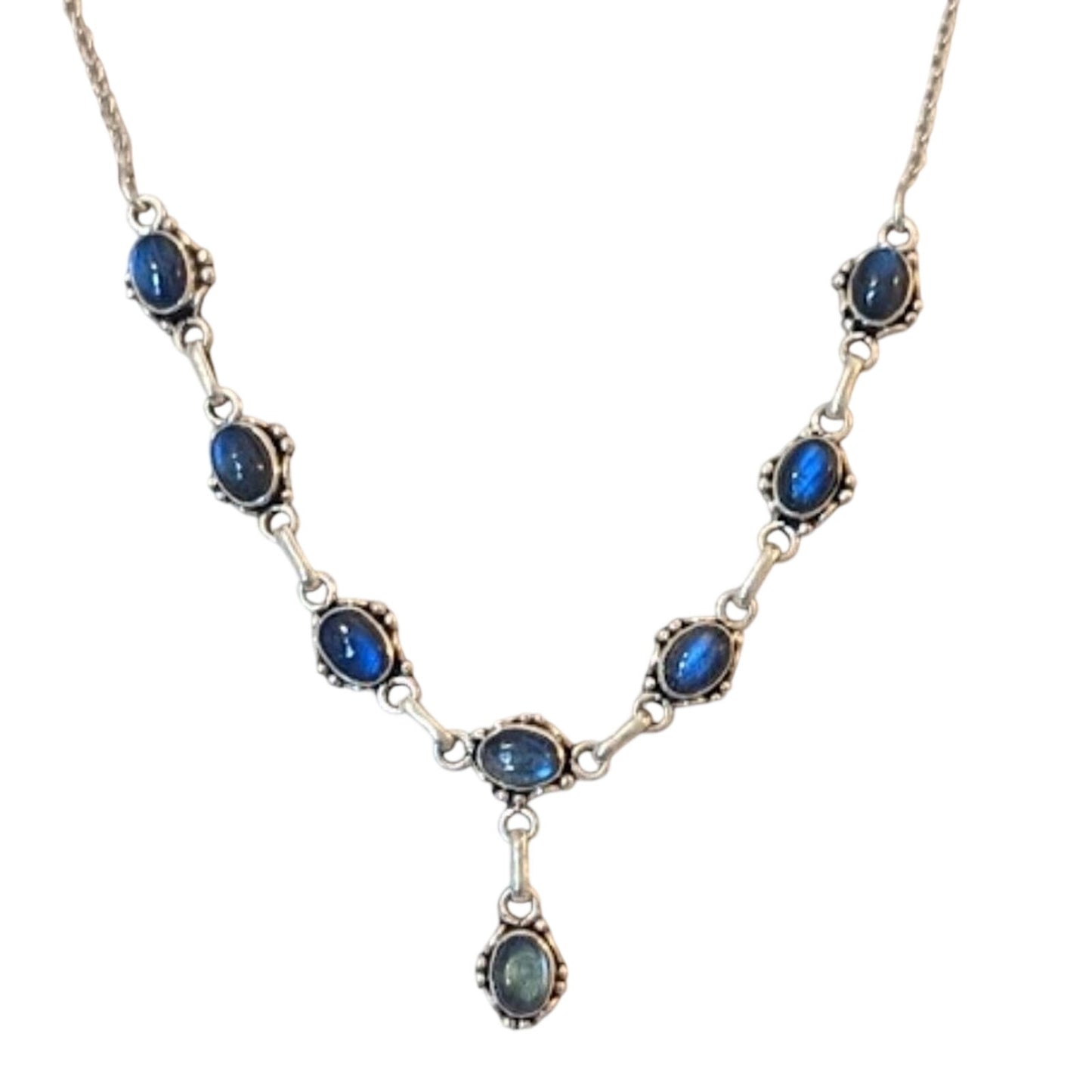 Vtg Silver Tone Bezel Set Blue Glass/Moonstone Cabochon Dangle Necklace