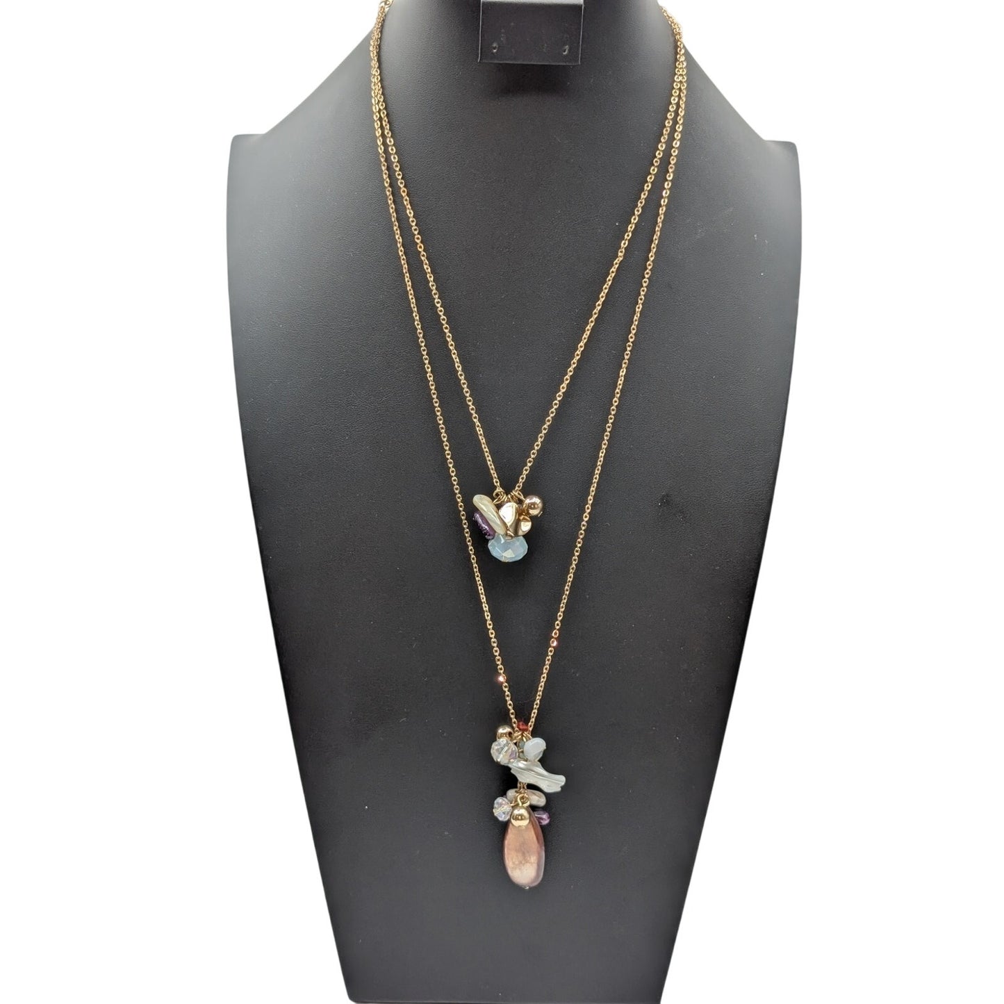 Double Strand Gold Tone Stone Crystal Glass Beaded Cluster Dangle Necklace