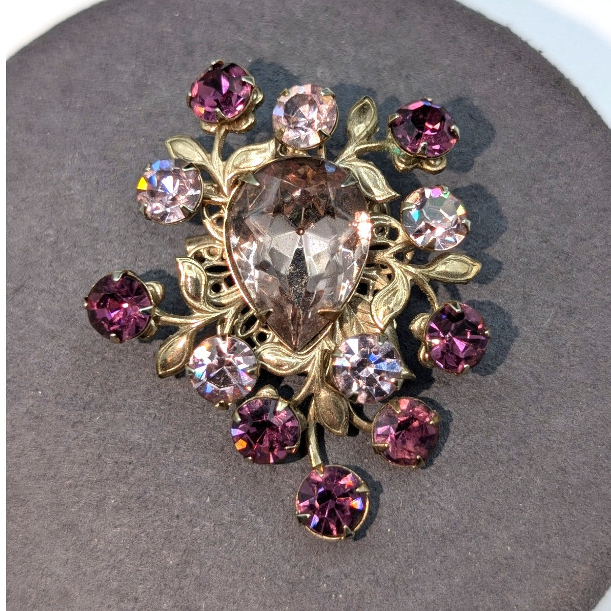 Vintage Purple Lavender Rhinestone Floral Design Brooch