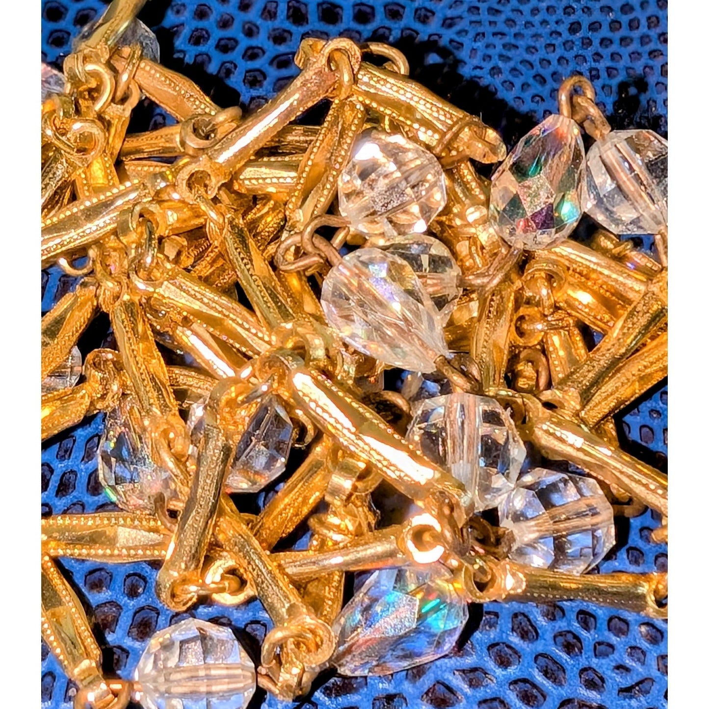 Vintage Glass Crystal Gold Tone Textured Chain Link 48" Long Strand Necklace
