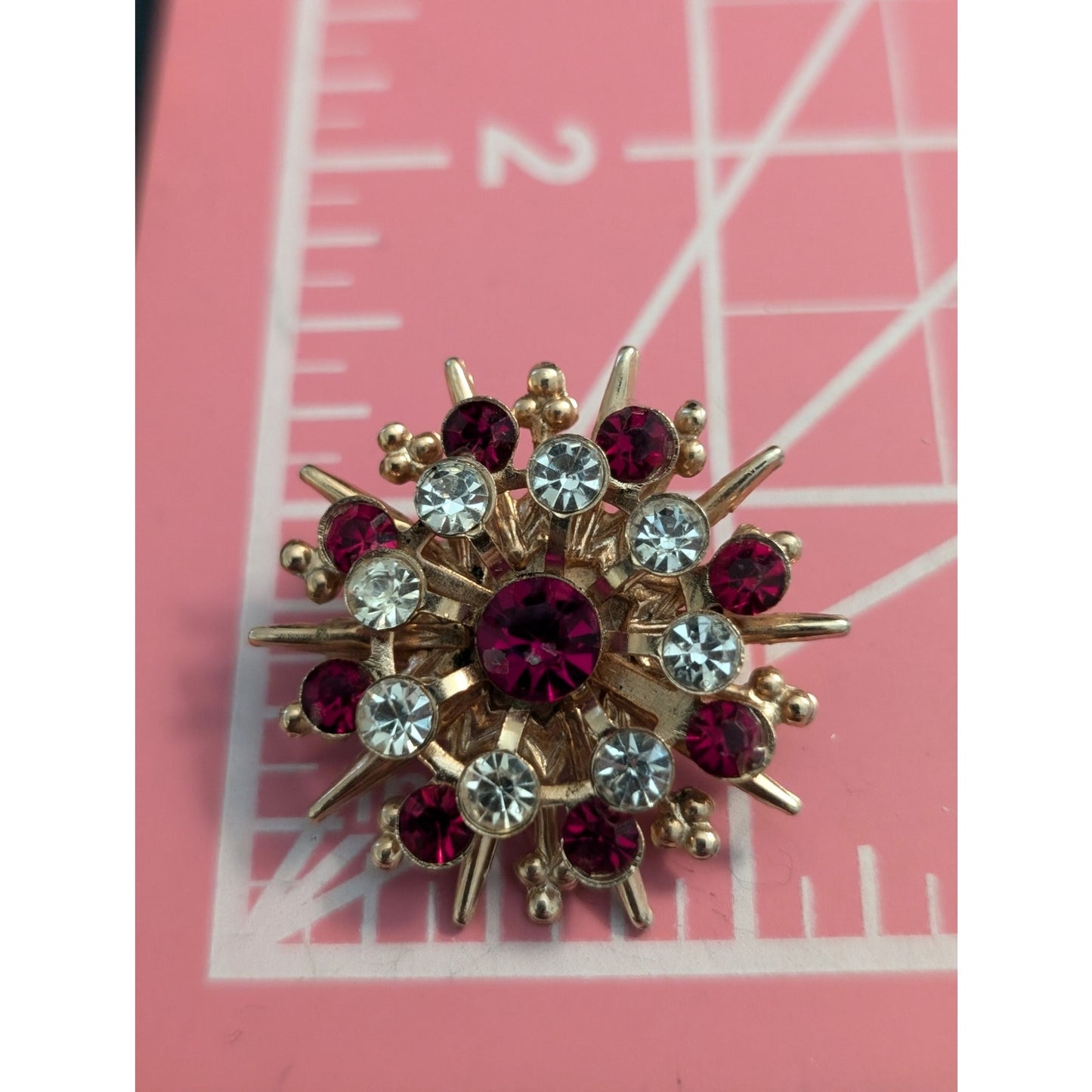 Set of Three Gold Tone Red Clear Rhinestone Unmarked Vintage Brooches