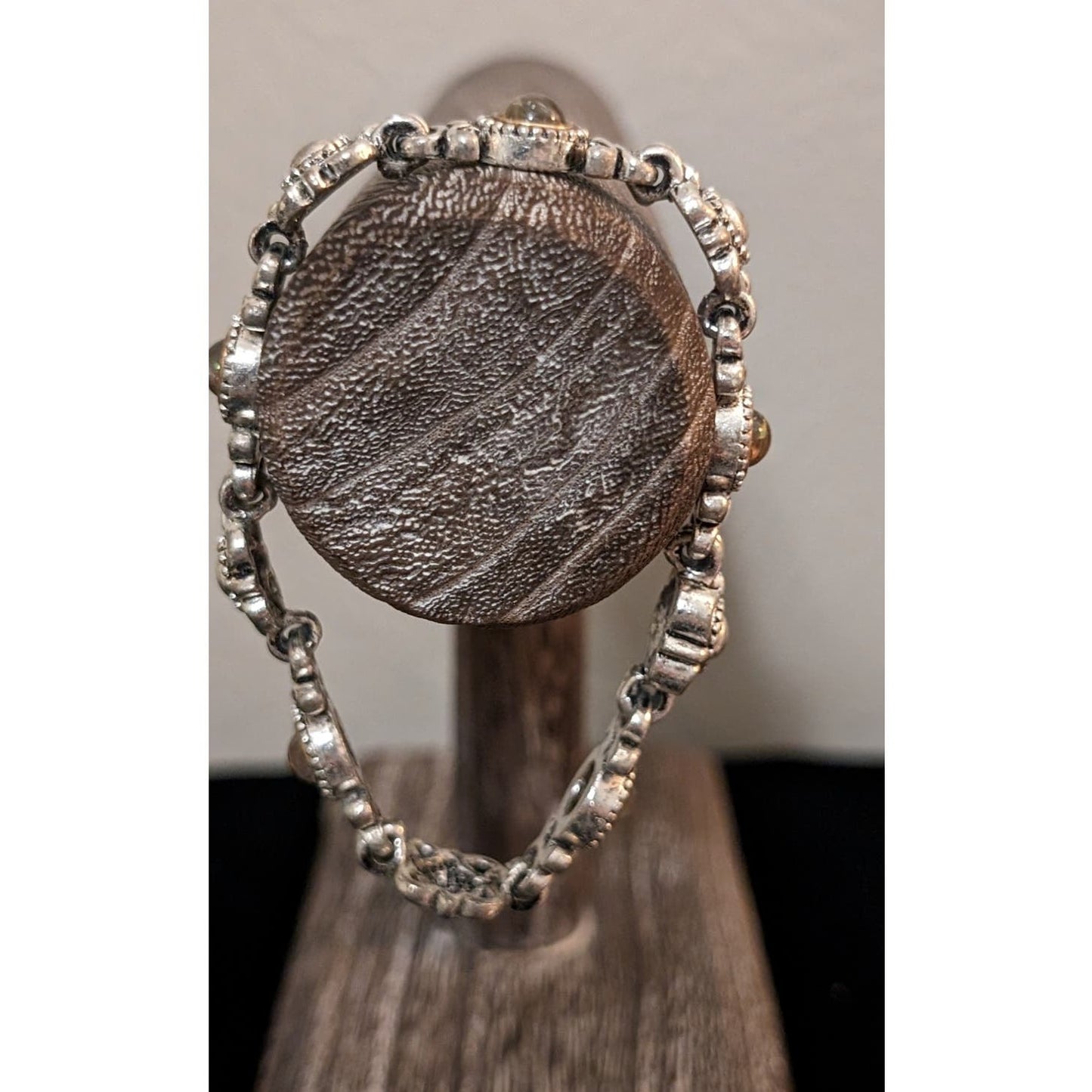 Silver Tone Yellow Opalescent Bead Station Flower Magnetic Closure Bracelet