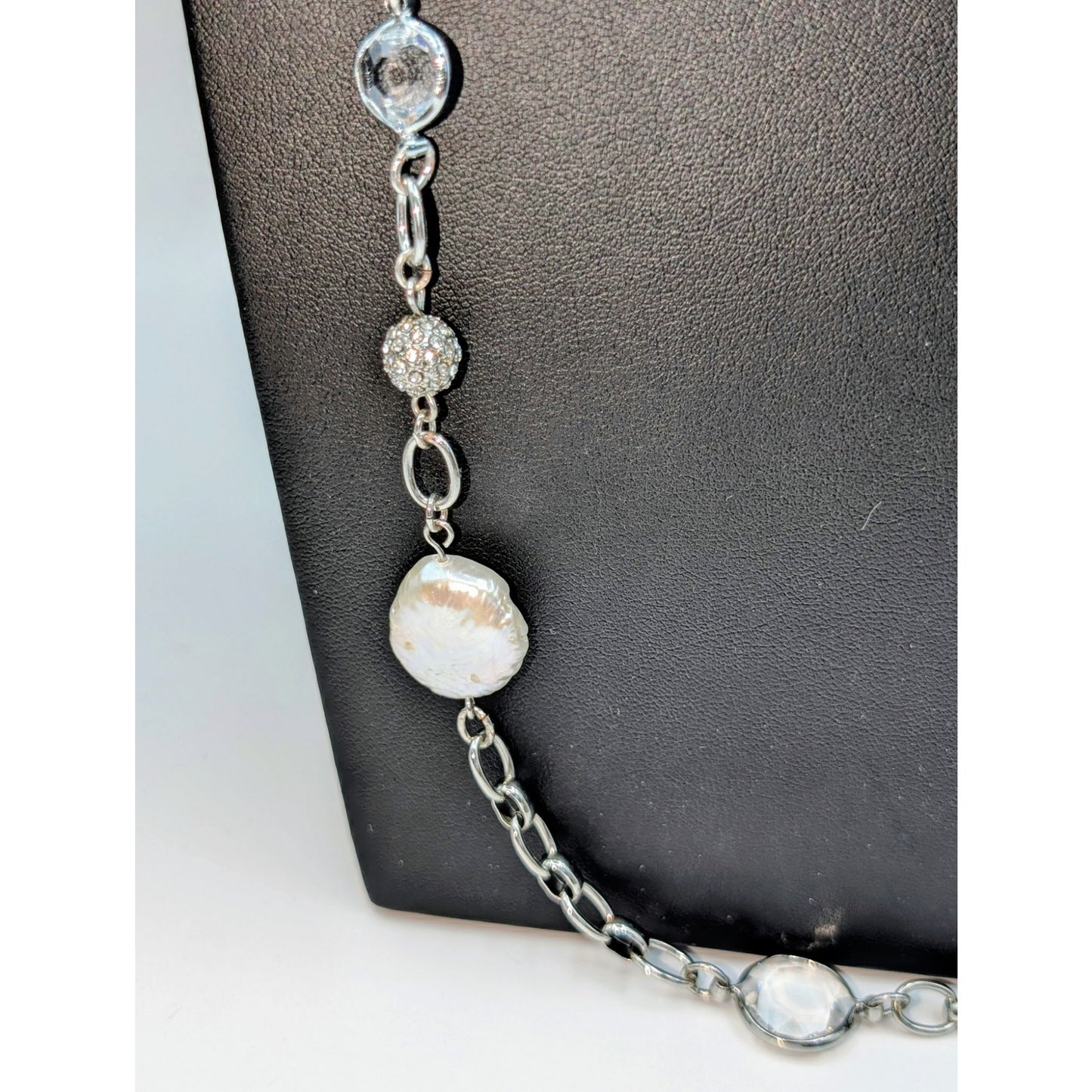 White House Black Market 34"-38" Silver Tone Pearl Crystal  Long Chain Necklace
