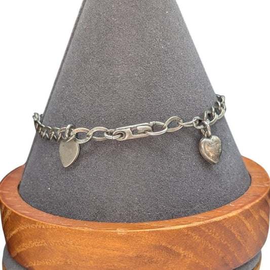 Vintage 925 Sterling Chain Link Two Heart Charm Bracelet