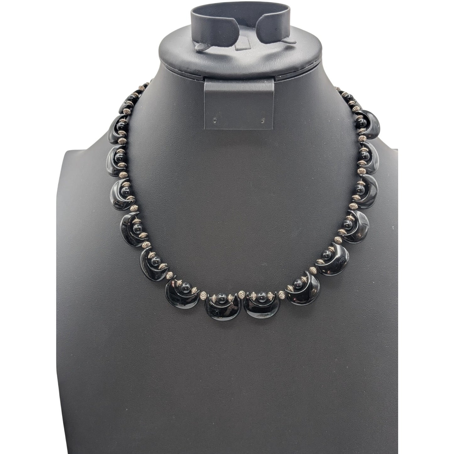 Vintage Black Onyx or Tourmaline Moon Shape Bead Silver Tone 17"-19" Necklace