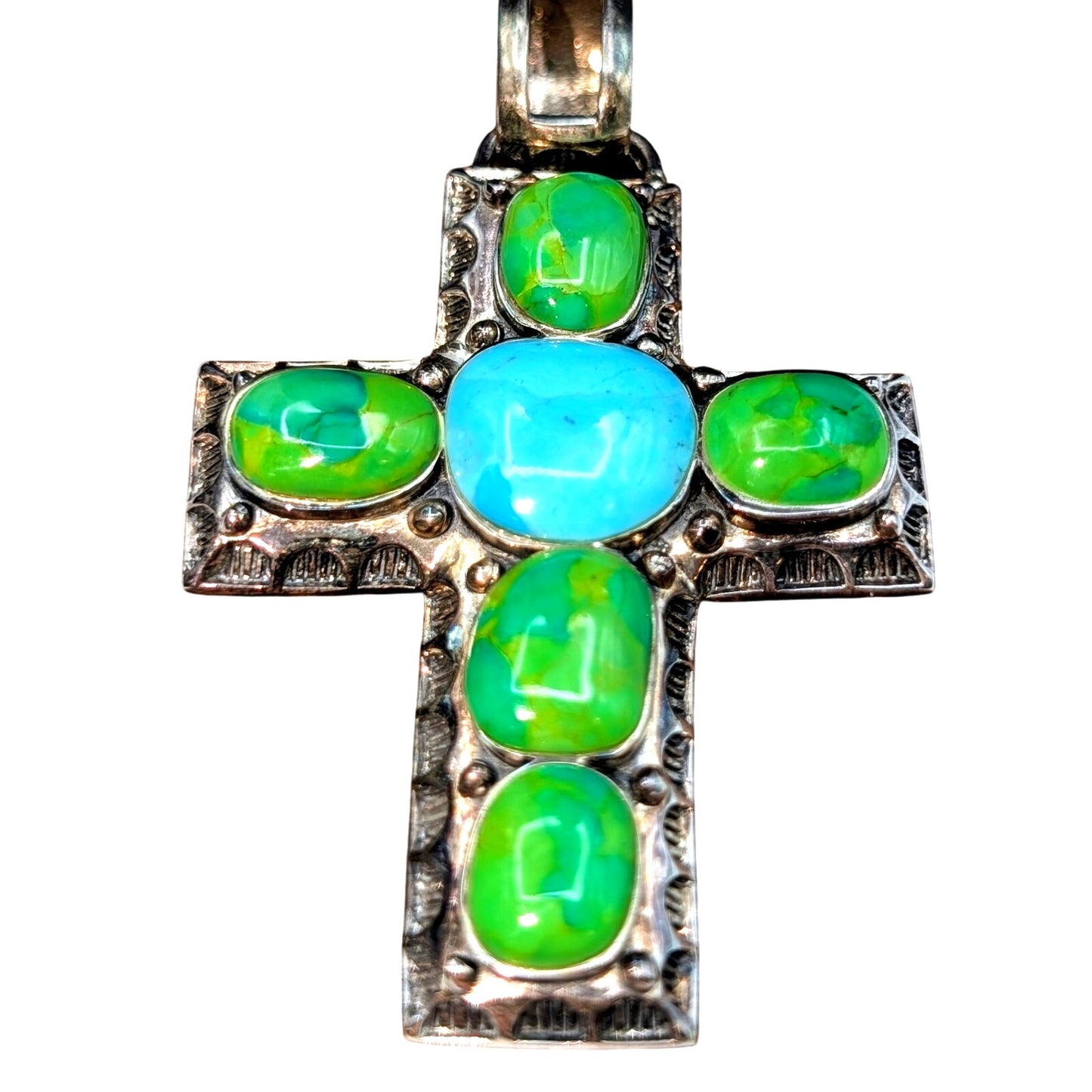 Vintage SX Southwestern Sterling Turquoise Cross 2.5" Pendant 20.70g