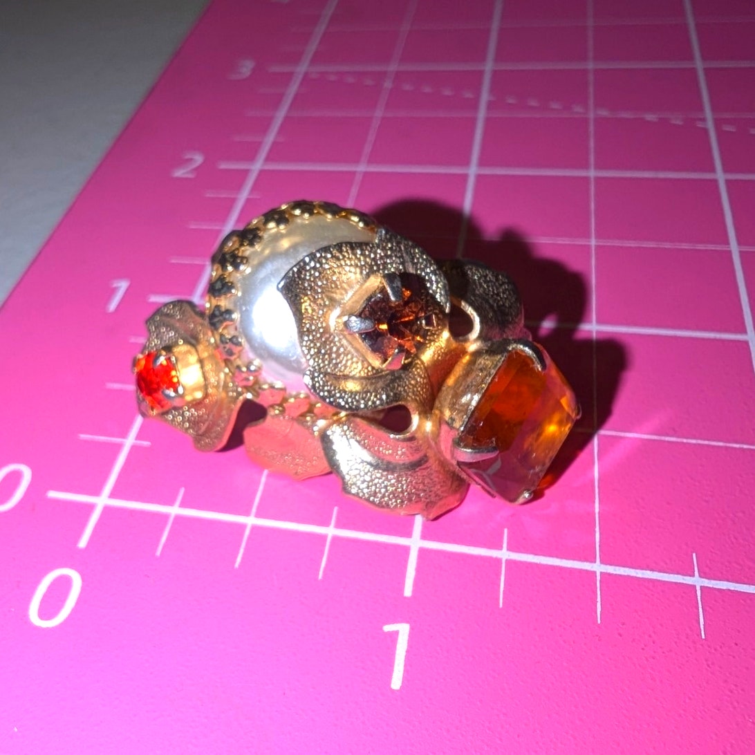 Vtg Unsigned Colors of Fall Rhinestone Faux Pearl 3D Gold Tone Clip On Earrings