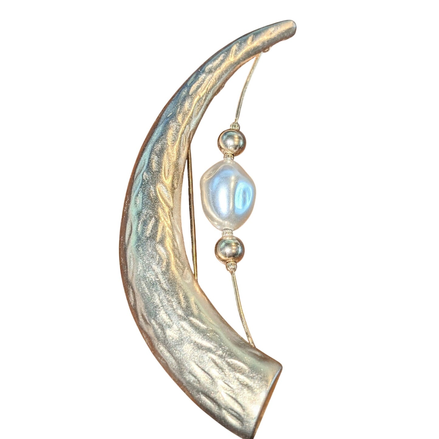 Large 3.75" Long Gold Tone Tusked Horn Faux Pearl Brooch