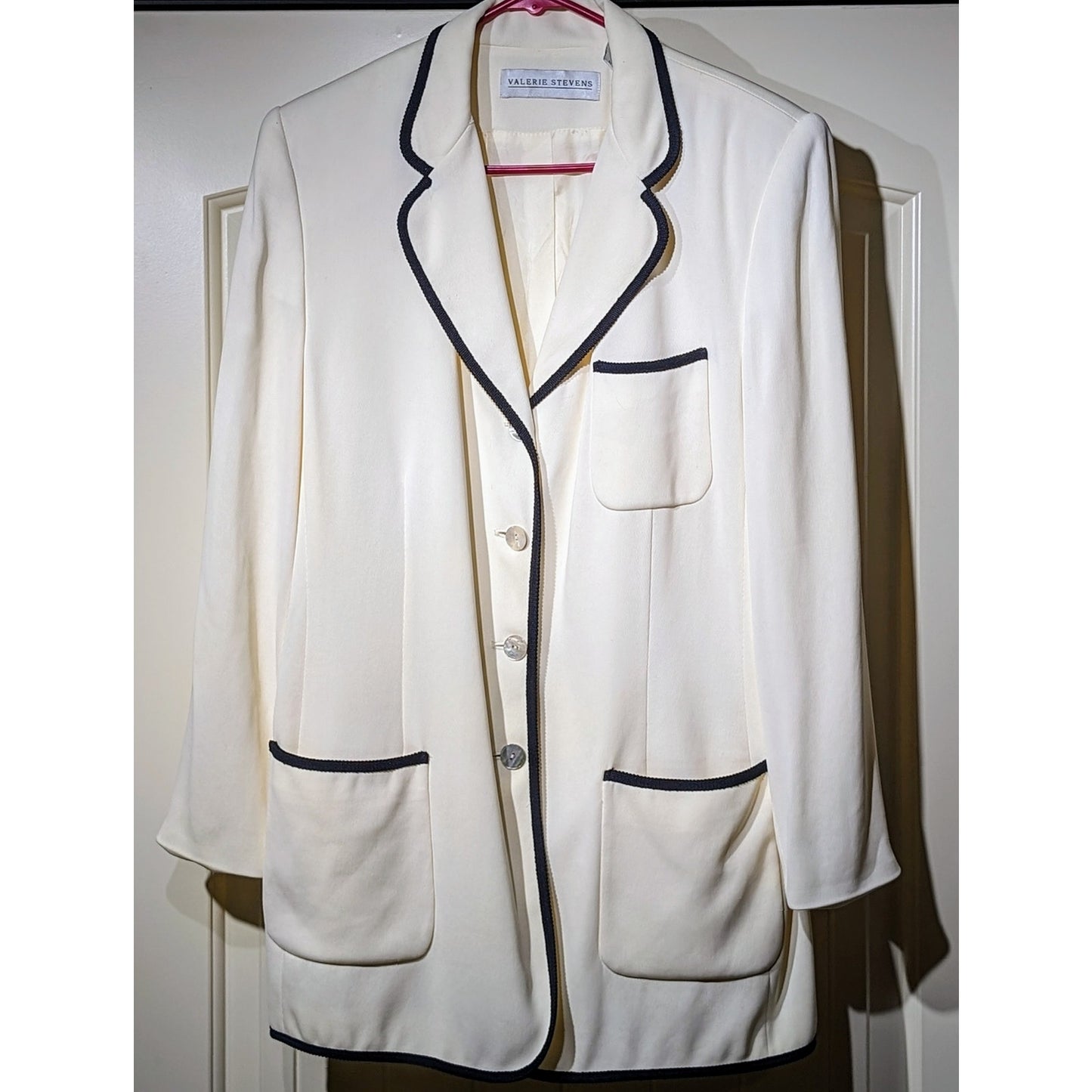 Valerie Stevens Cream Black Trim Lightweight Lined Blazer Womens Sz 8