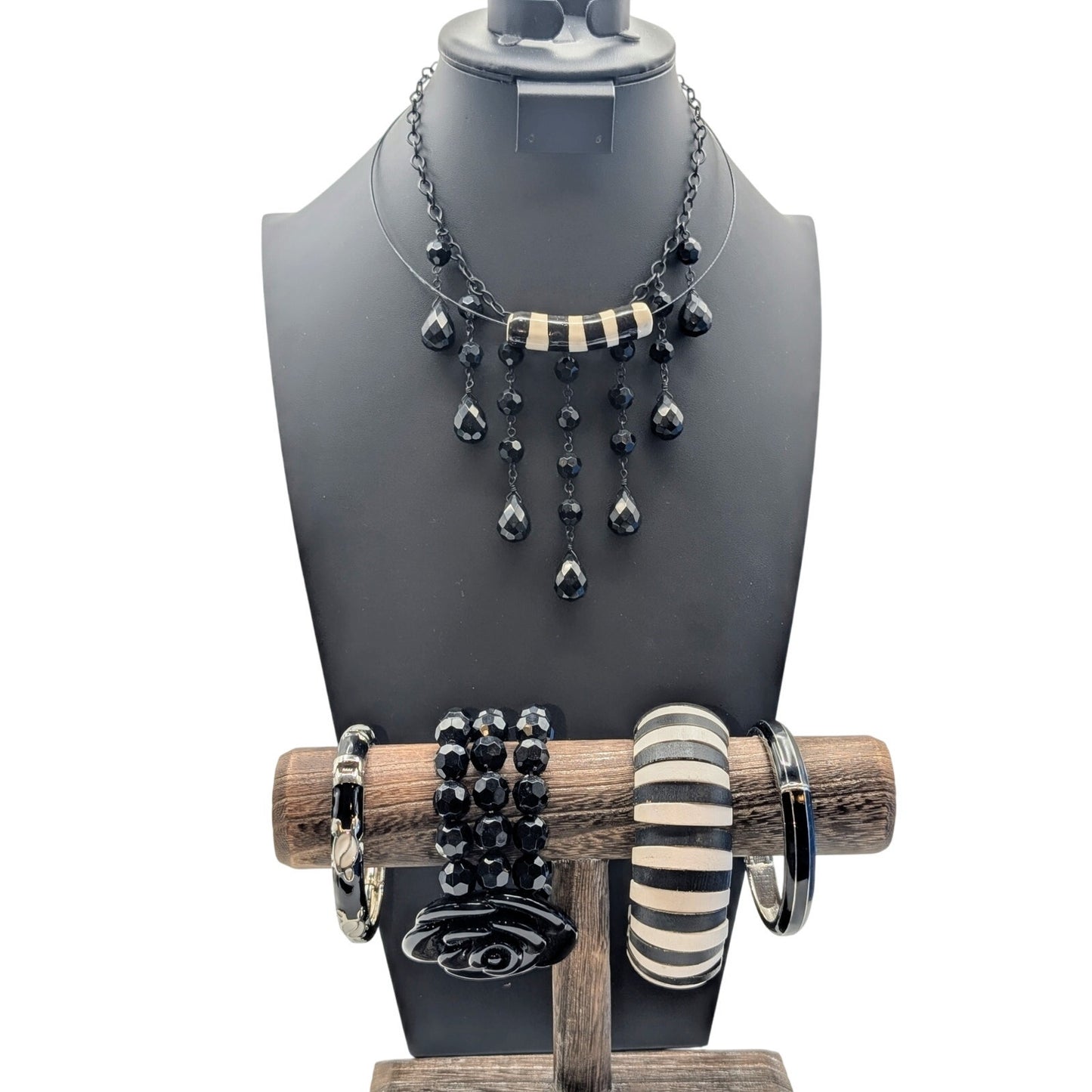 Mixed Lot of Black & White Jewelry--Two Necklaces & Four Bracelets -- Two Looks