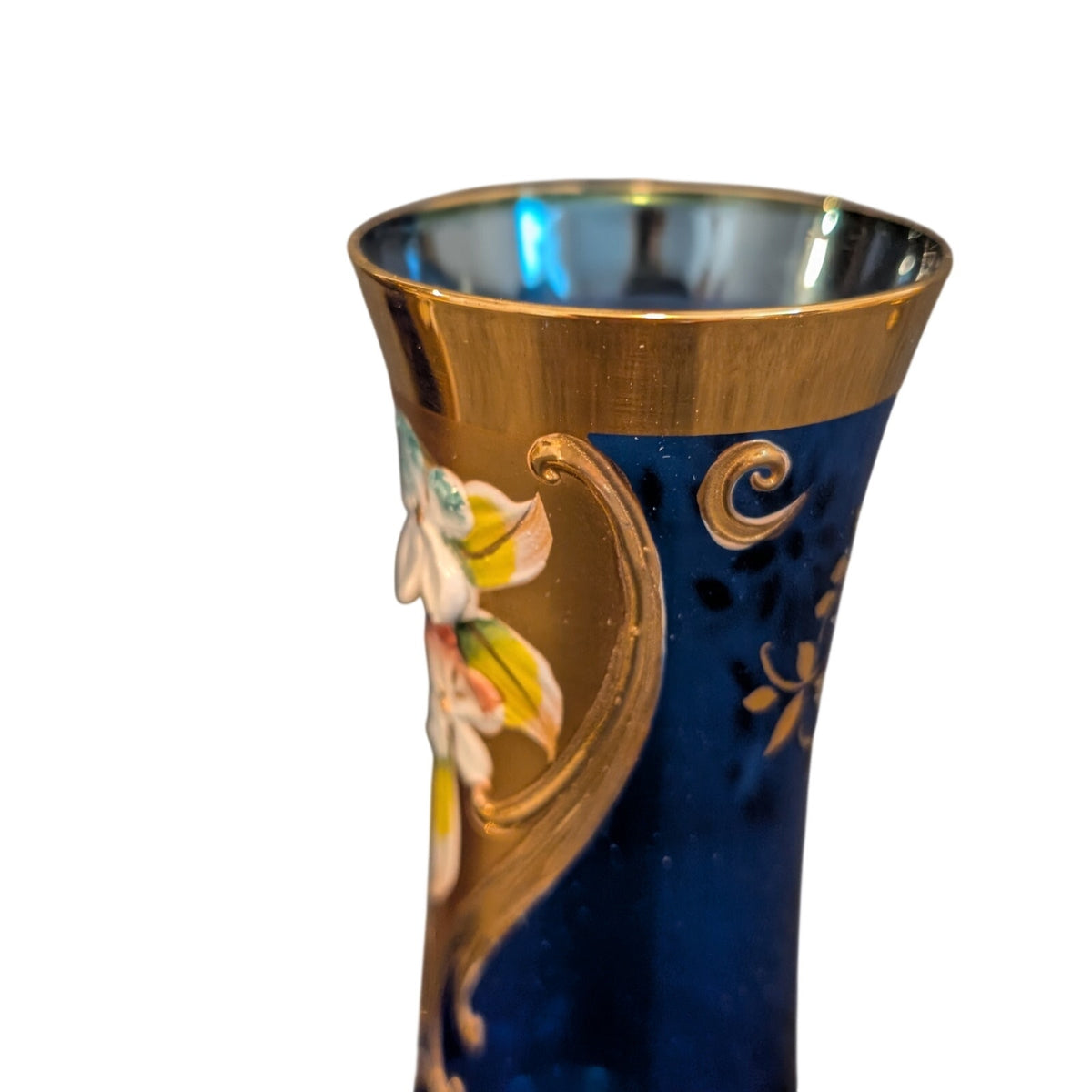Vtg 50s 2 Cobalt Stem Sherry Glasses Tre Fuochi Murano Italy Venetian Heavy Gilt
