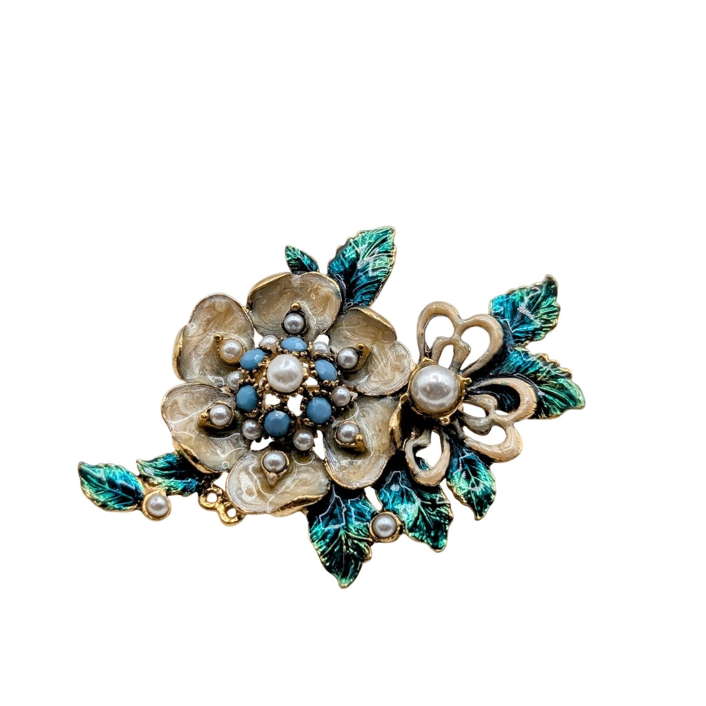 Vintage Monet Faux Pearl Enamel Floral Leaf Gold Tone Brooch