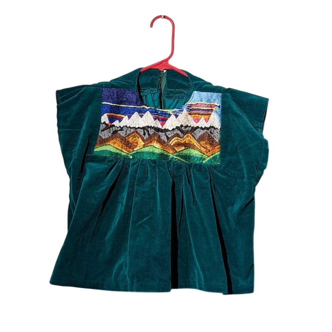 Vintage Homemade Green Velvet Embroidered Mtn. Scene Topper Juniors XS