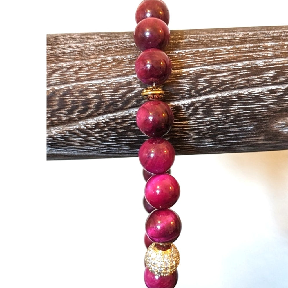Magenta Fuschia Tiger Eye Agate Stone & Rhinestone Bead 14k Gold Filled Bracelet