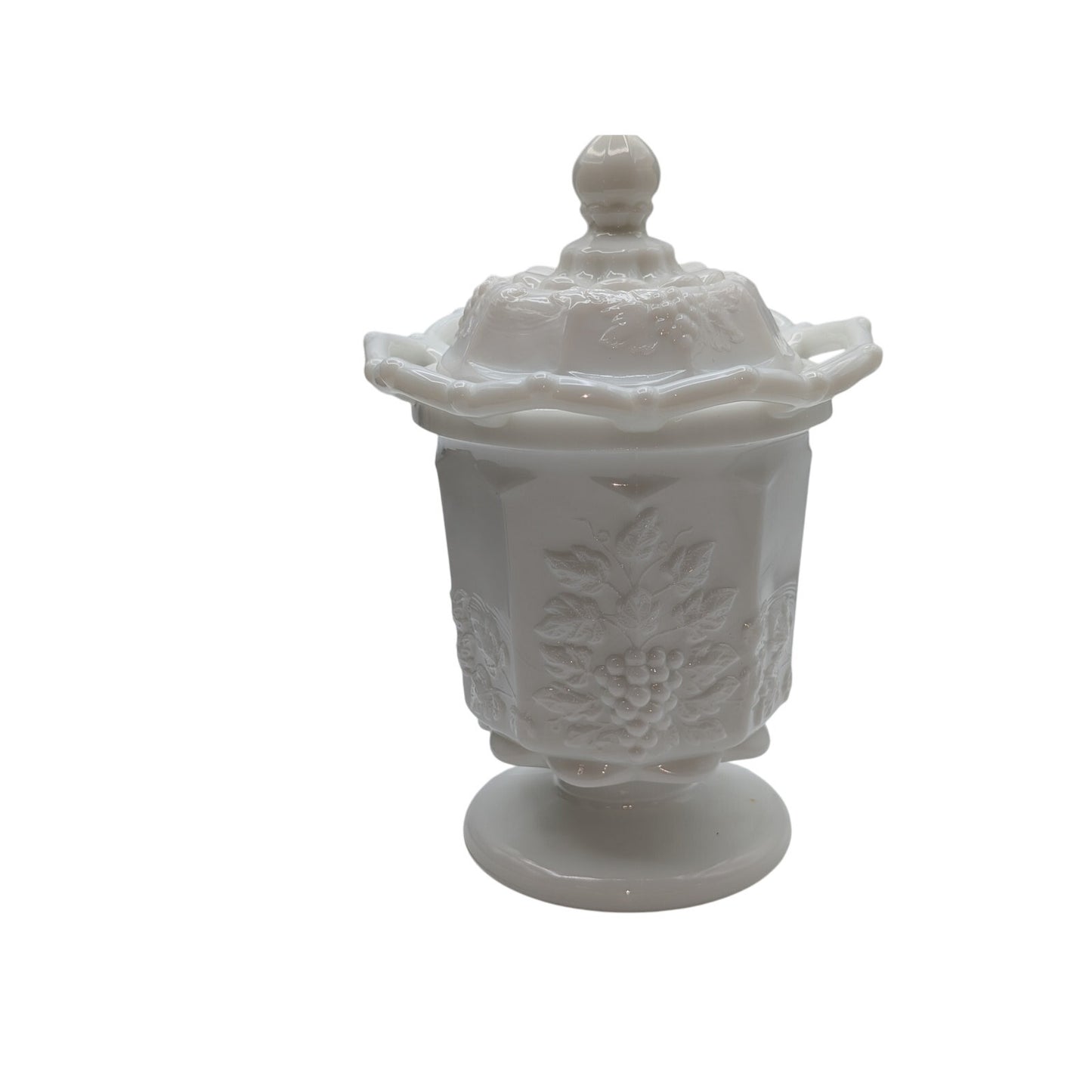 Vtg Westmoreland Milk Glass Grape Design Open Lace Lidded Top Decorative  Jar