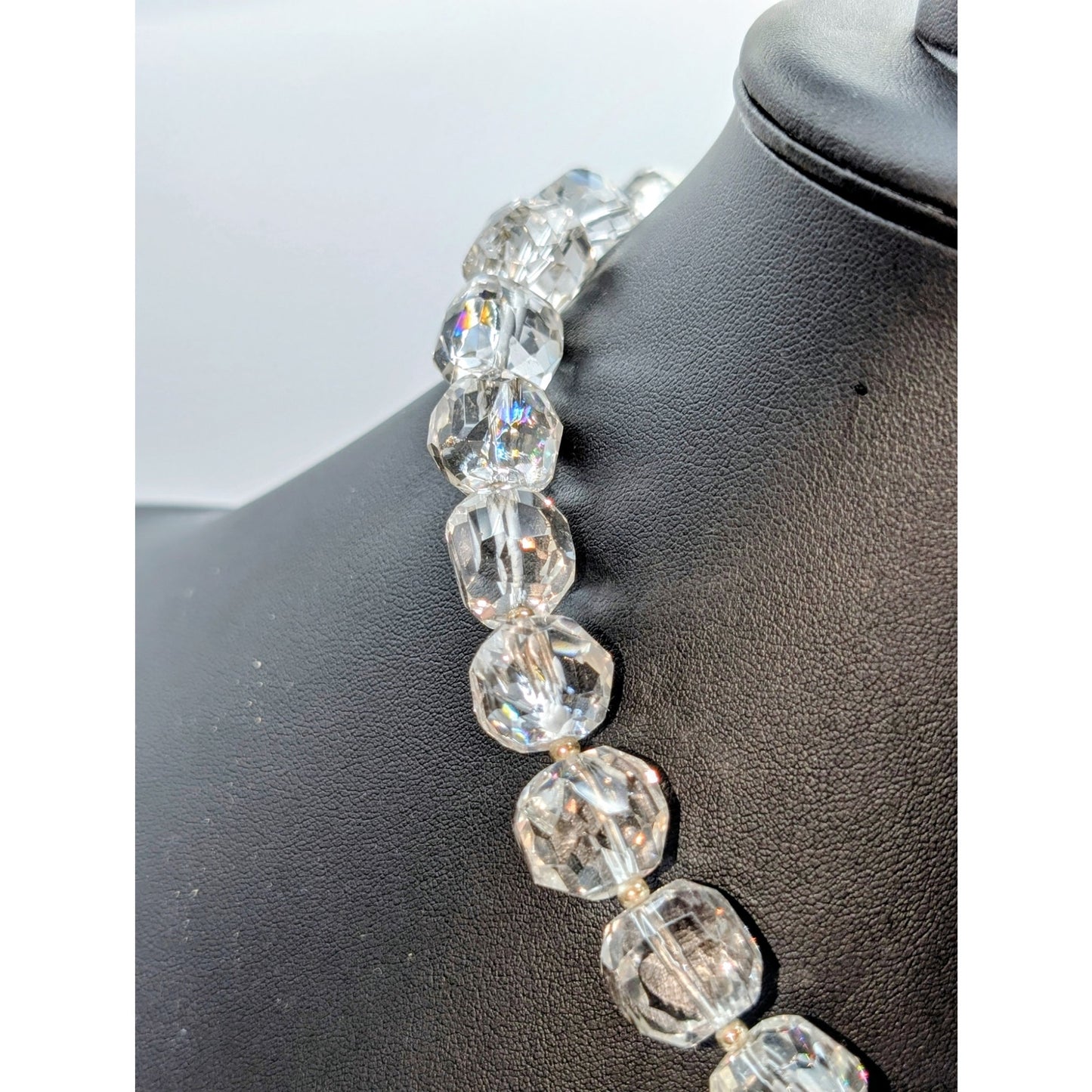 Vtg 925 Sterling Chunky Faceted Cut Rock Crystal Quartz Toggle Clasp Necklace