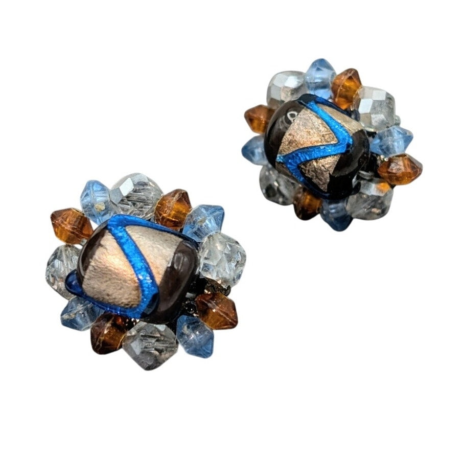 Vtg Brown & Electric Blue Japanese Foil Glass Bead Necklace & Clip Earring Set