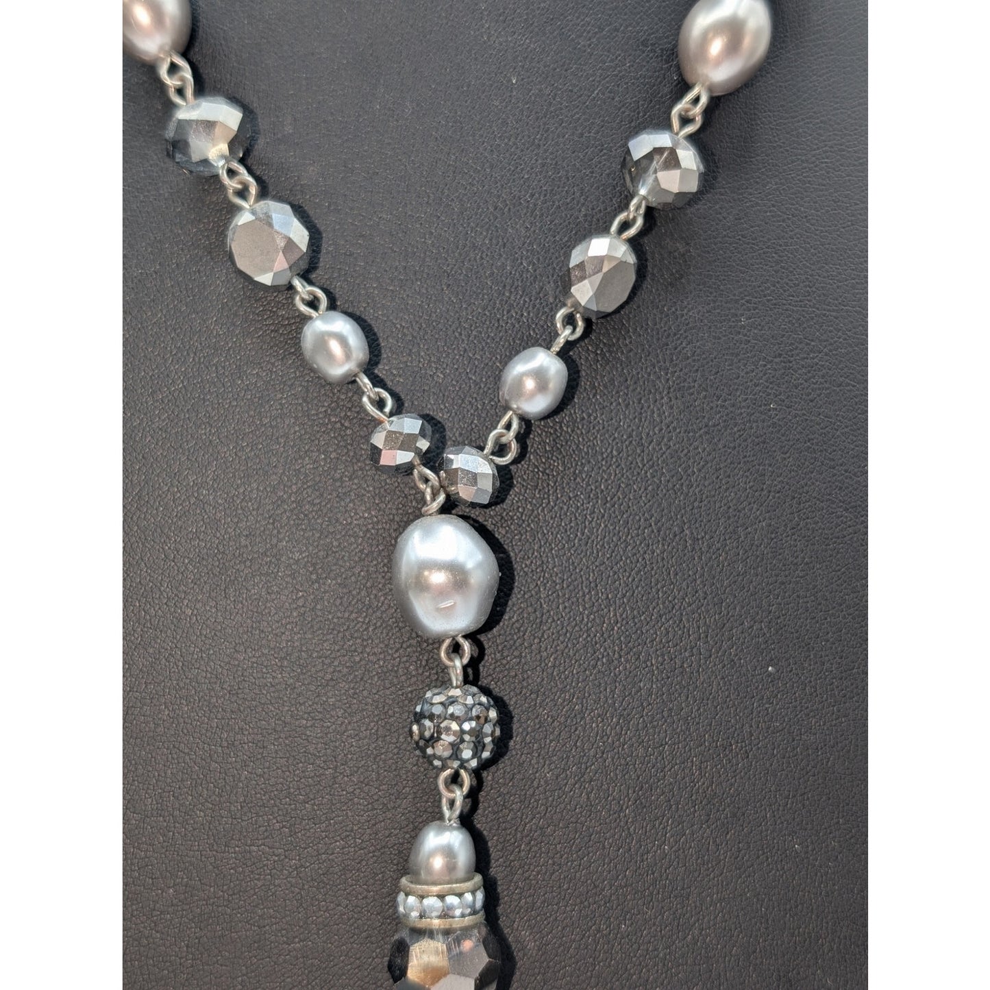 Chico's Silver Tone Metallic Crystal Gray Bead Y-Drop Medallion Pendant Necklace