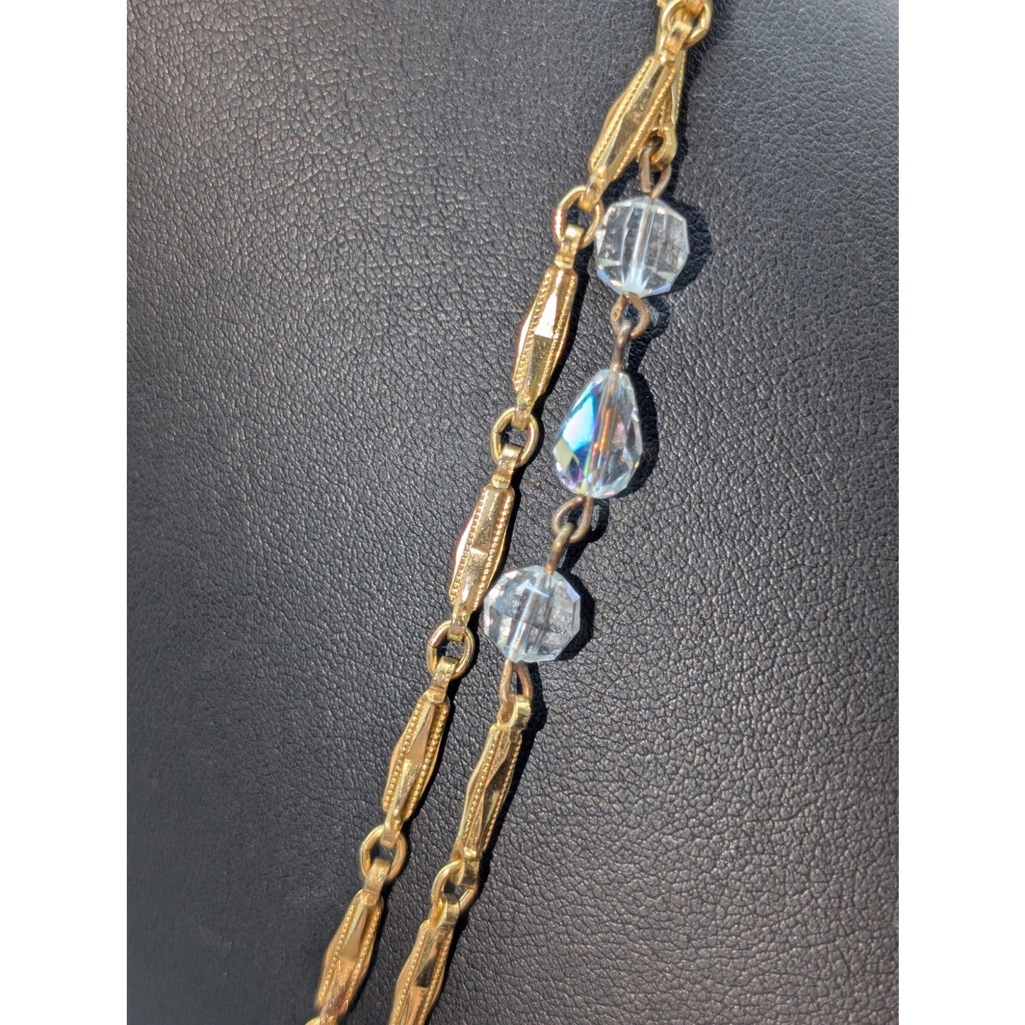 Vintage Glass Crystal Gold Tone Textured Chain Link 48" Long Strand Necklace