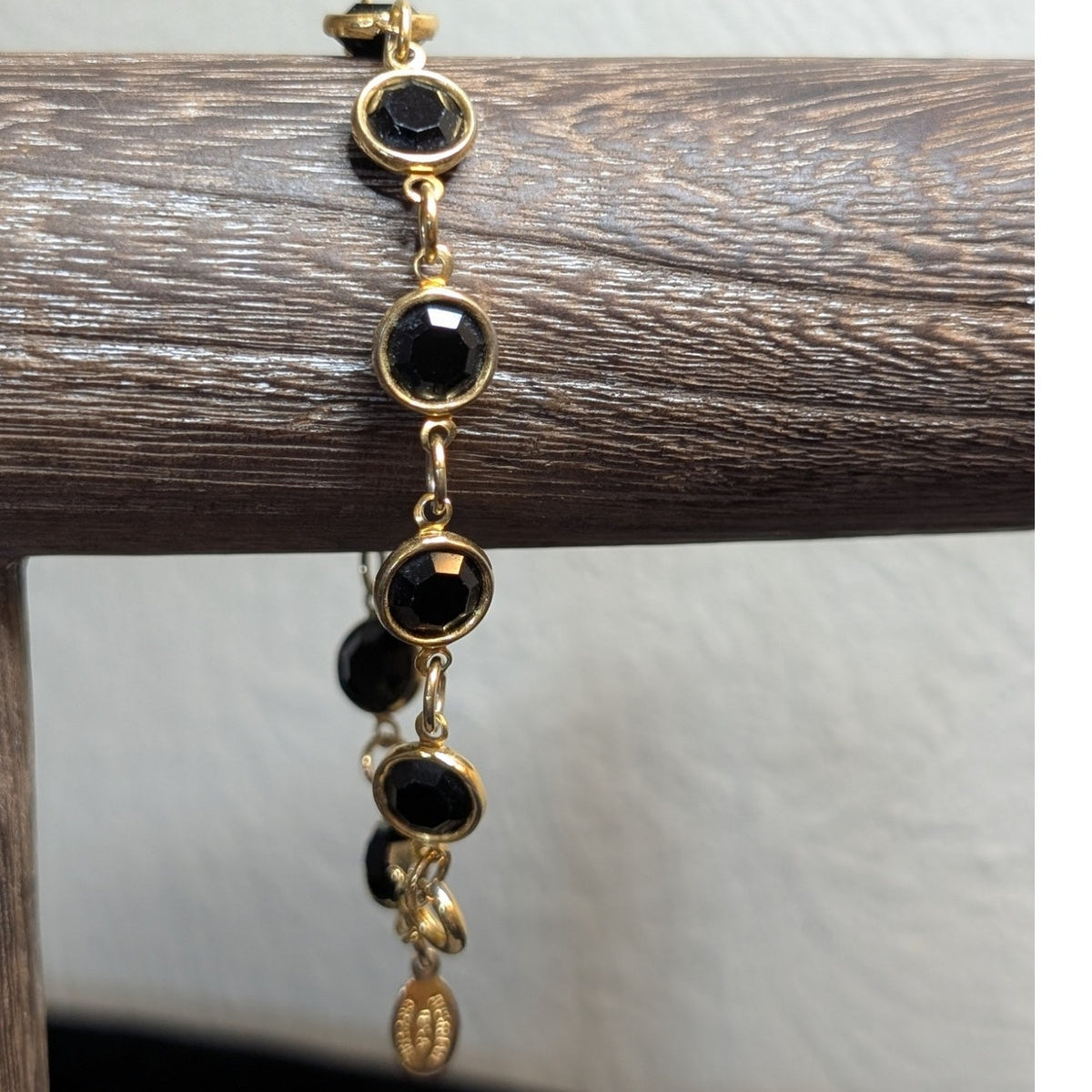 VTG Gold Tone Bezel Set Black Faceted Austrian Crystal Made in USA Bracelet