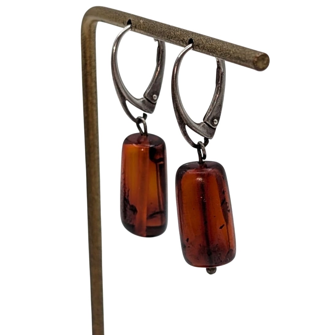Vintage 925 Sterling Silver Lever Back Amber Dangle Earrings