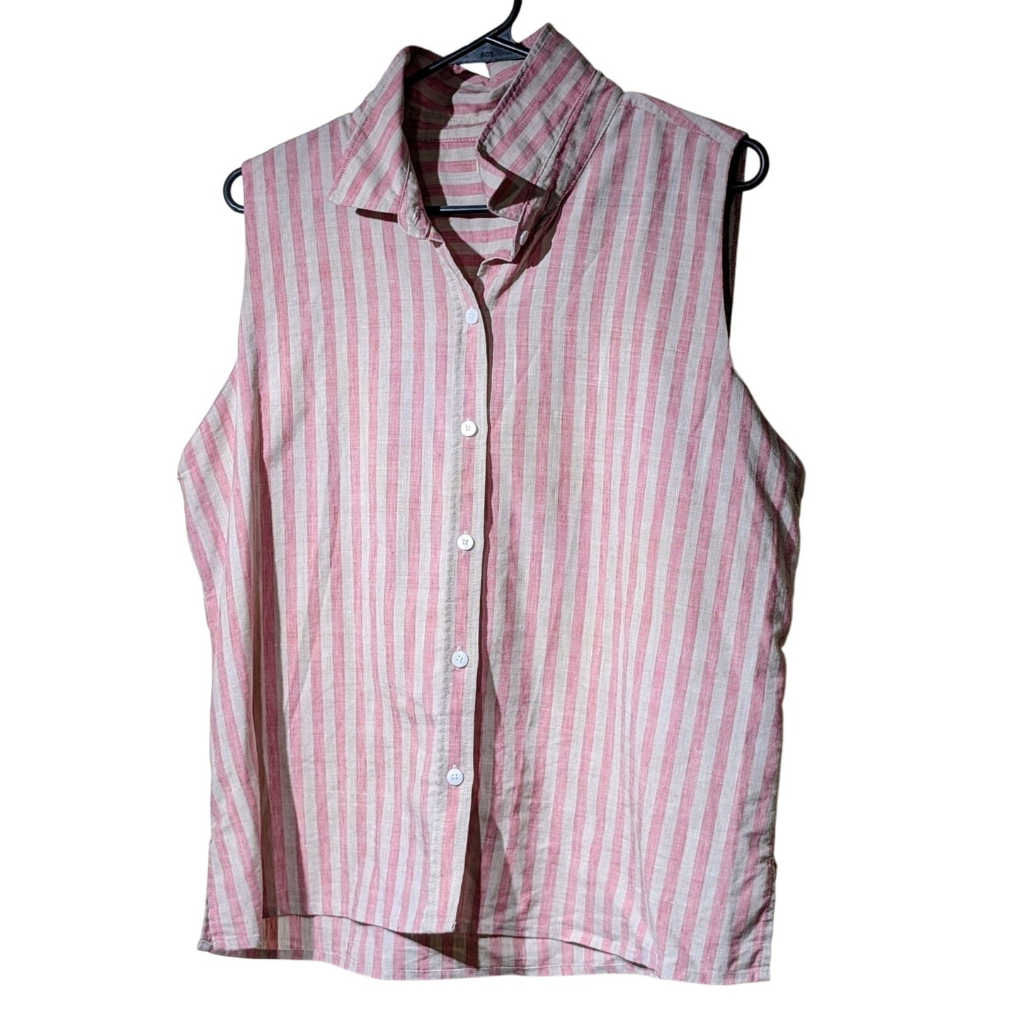 Faherty Malibu Pink Stripe Sleeveless Linen Button Front Shirt Womens Sz XL