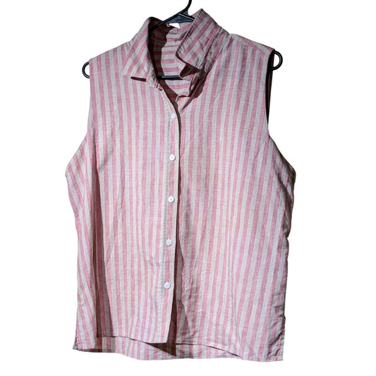 Faherty Malibu Pink Stripe Sleeveless Linen Button Front Shirt Womens Sz XL