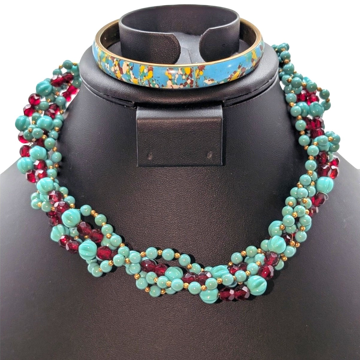 Vintage Faux Turquoise Carved & Red Crystal Torsade Hook Clasp Necklace