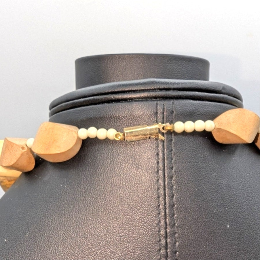 Vintage Chunky Neutral Tones Glass & Wood Beaded 17" Choker Necklace