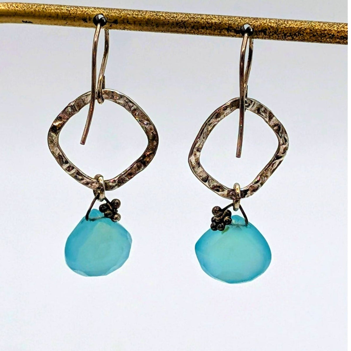 925 Sterling Silver Hammered Square Aqua Blue Faceted Glass Dangle Earrings
