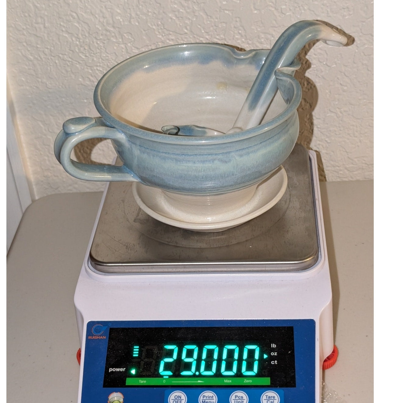 Hand Made Blue White Gravy Boat W/ Matching Ladle Studio Pottery