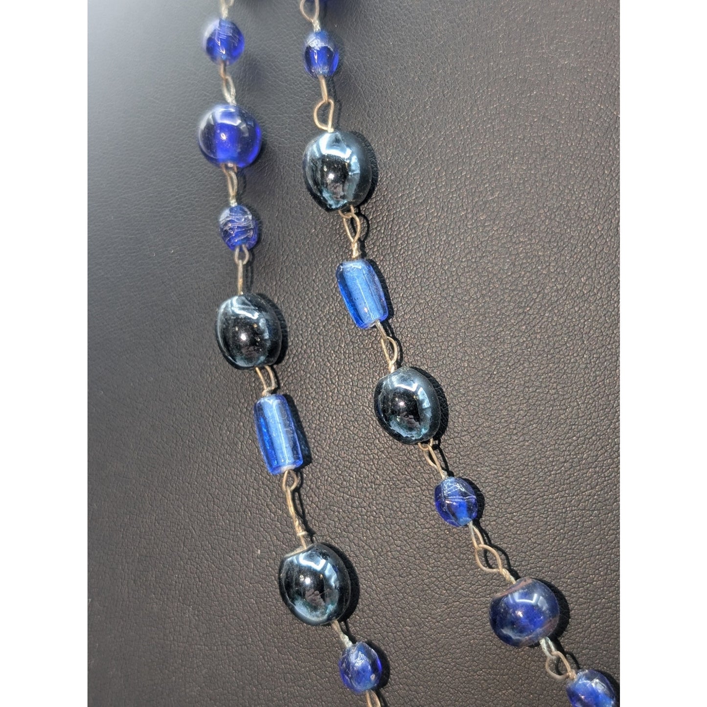 Vintage Blue Glass Rosary Style Beaded 52" Long Chain Necklace