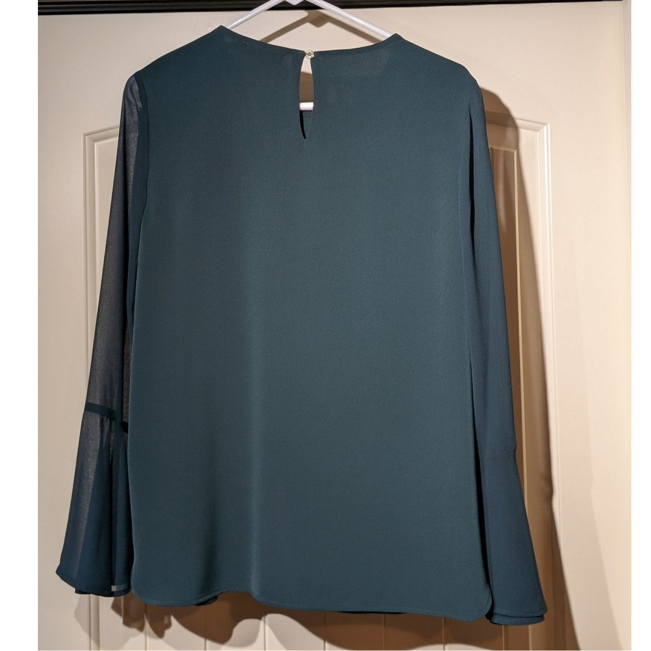 Calvin Klein Dark Green Sheer Bell Sleeve One Button Back Blouse Womens Size M