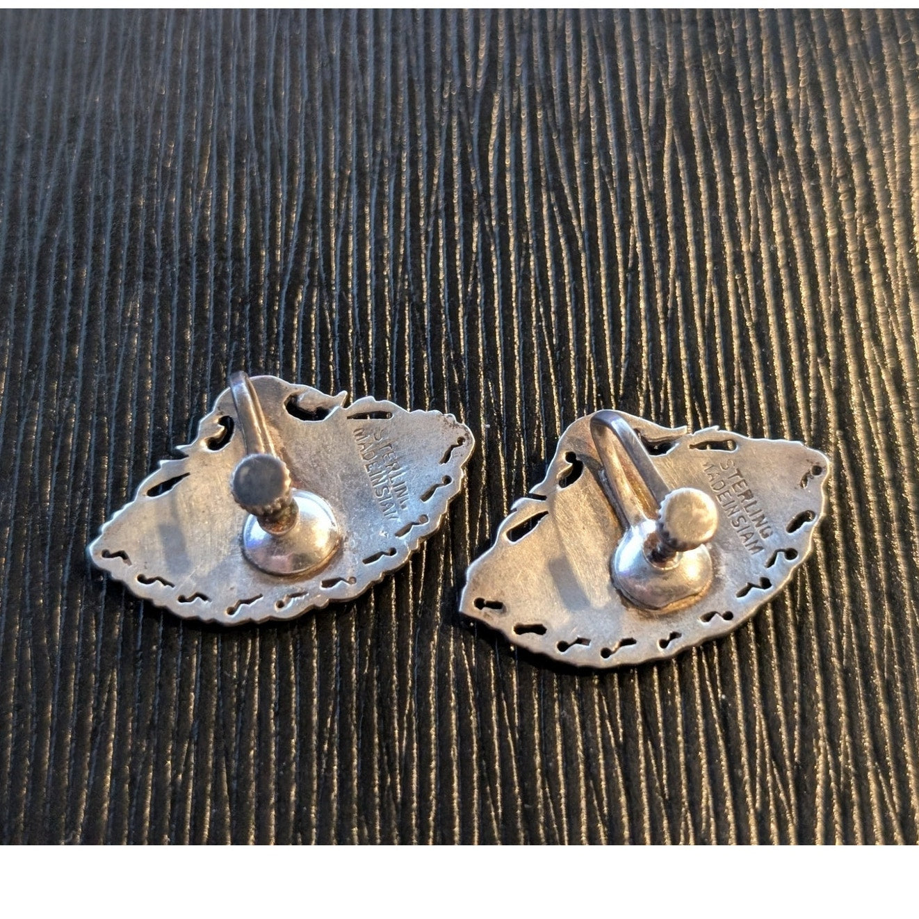 Vintage Siam Niello Sterling Silver Black Enamel Fan Screw Back Earrings