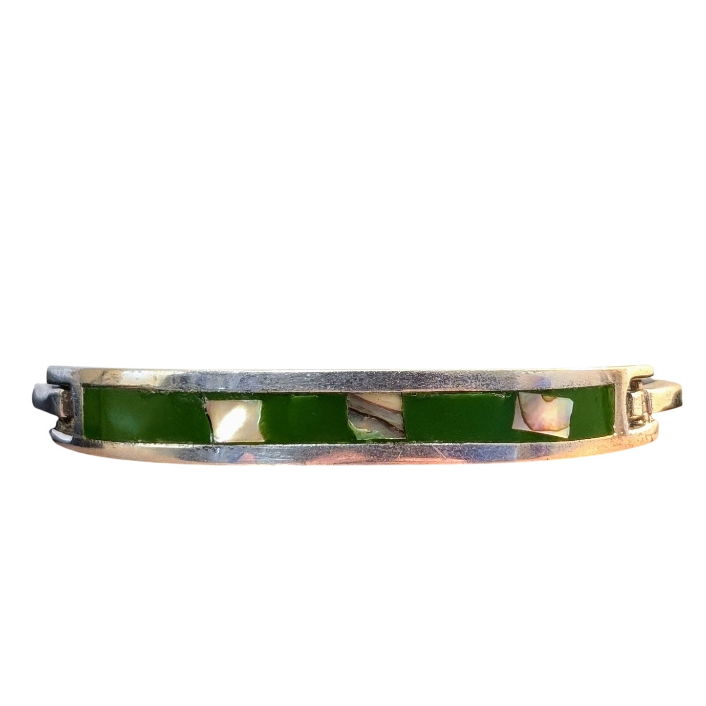 Vtg Mexico 925 Sterling Green Stone Abalone Inlay Tension Clasp Bangle Bracelet