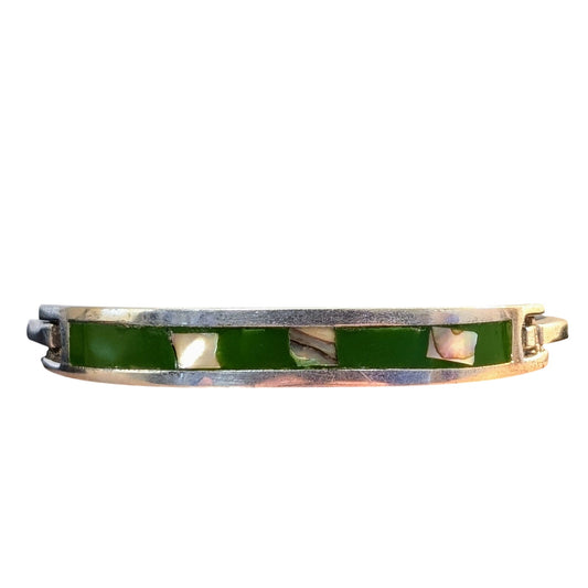 Vtg Mexico 925 Sterling Green Stone Abalone Inlay Tension Clasp Bangle Bracelet