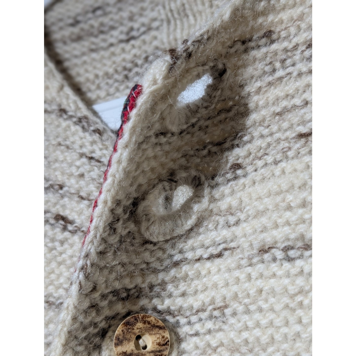 Vintage Hand Knit Cream Marled Swiss Ribbon Accents Button Cardigan Sz S/M