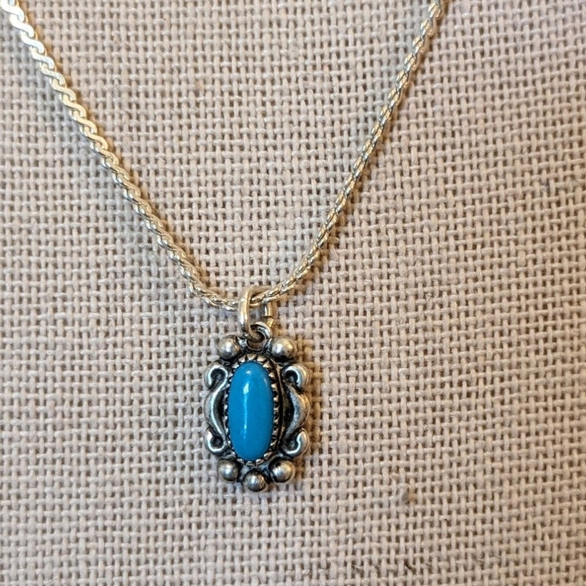 Vintage Petite Signed Sterling J Turquoise Pendant 18" Necklace