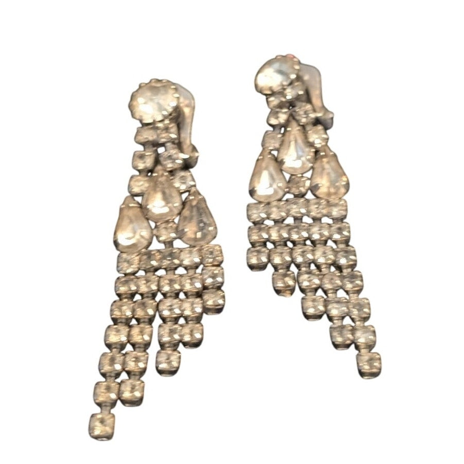 Vintage Weiss Clip On Waterfall Dangling Rhinestone  Earrings