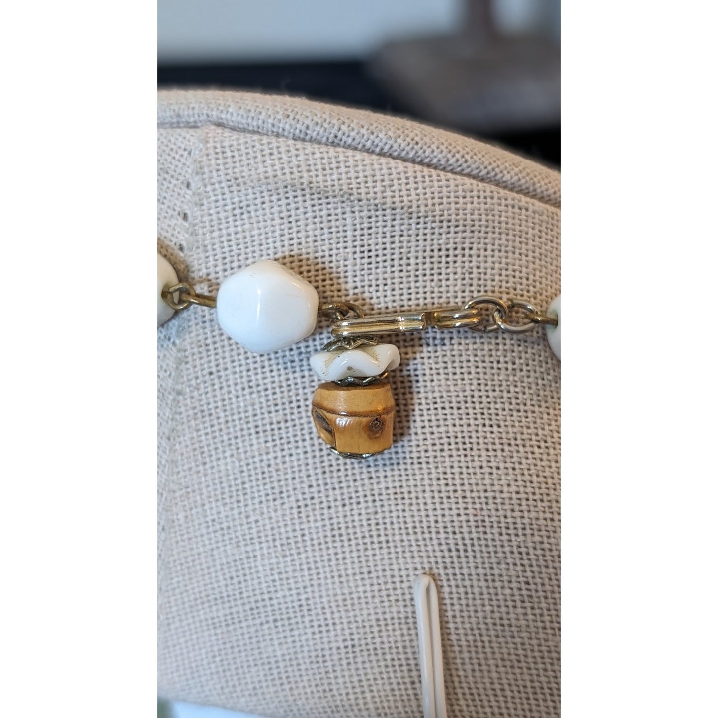 Signed Hobe Five Strand White & Bamboo Bead Vintage Necklace