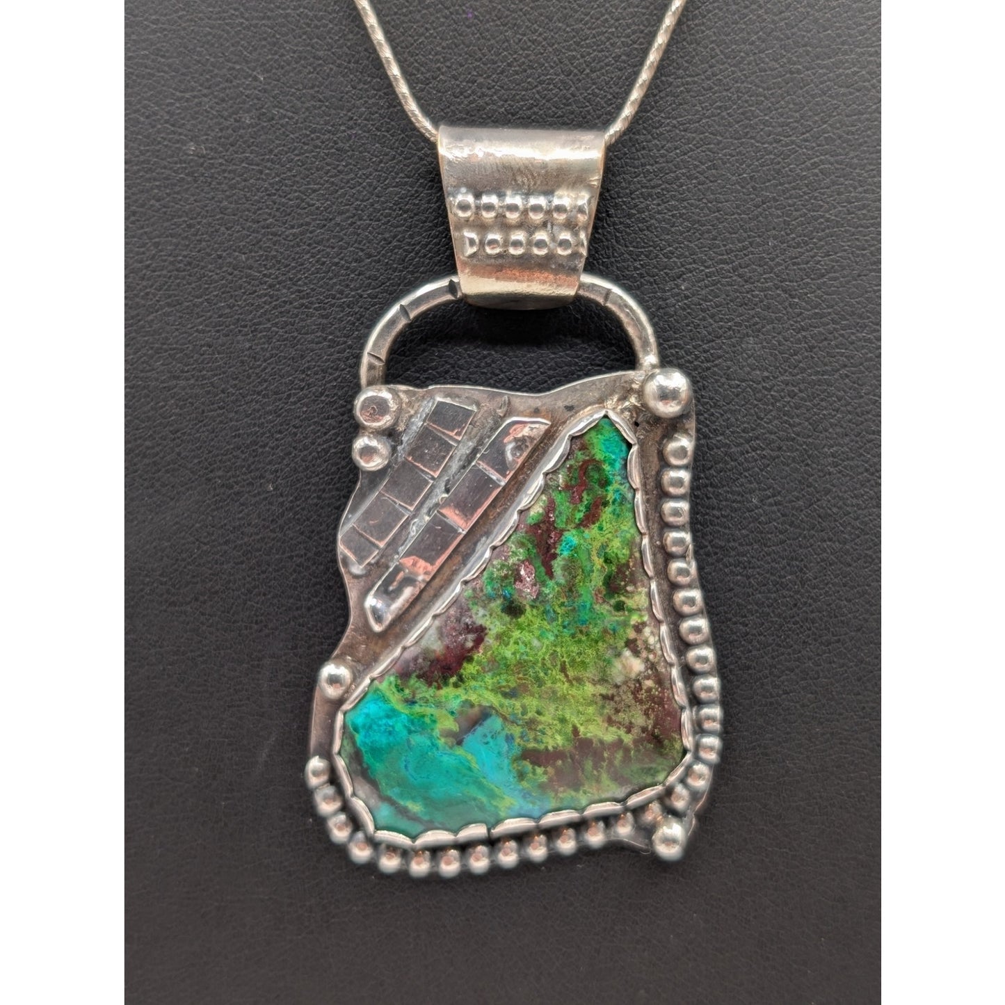 Vtg Artisan Handmade 'BT Sterling' Blue Green Stone Pendant Necklace 27.0g