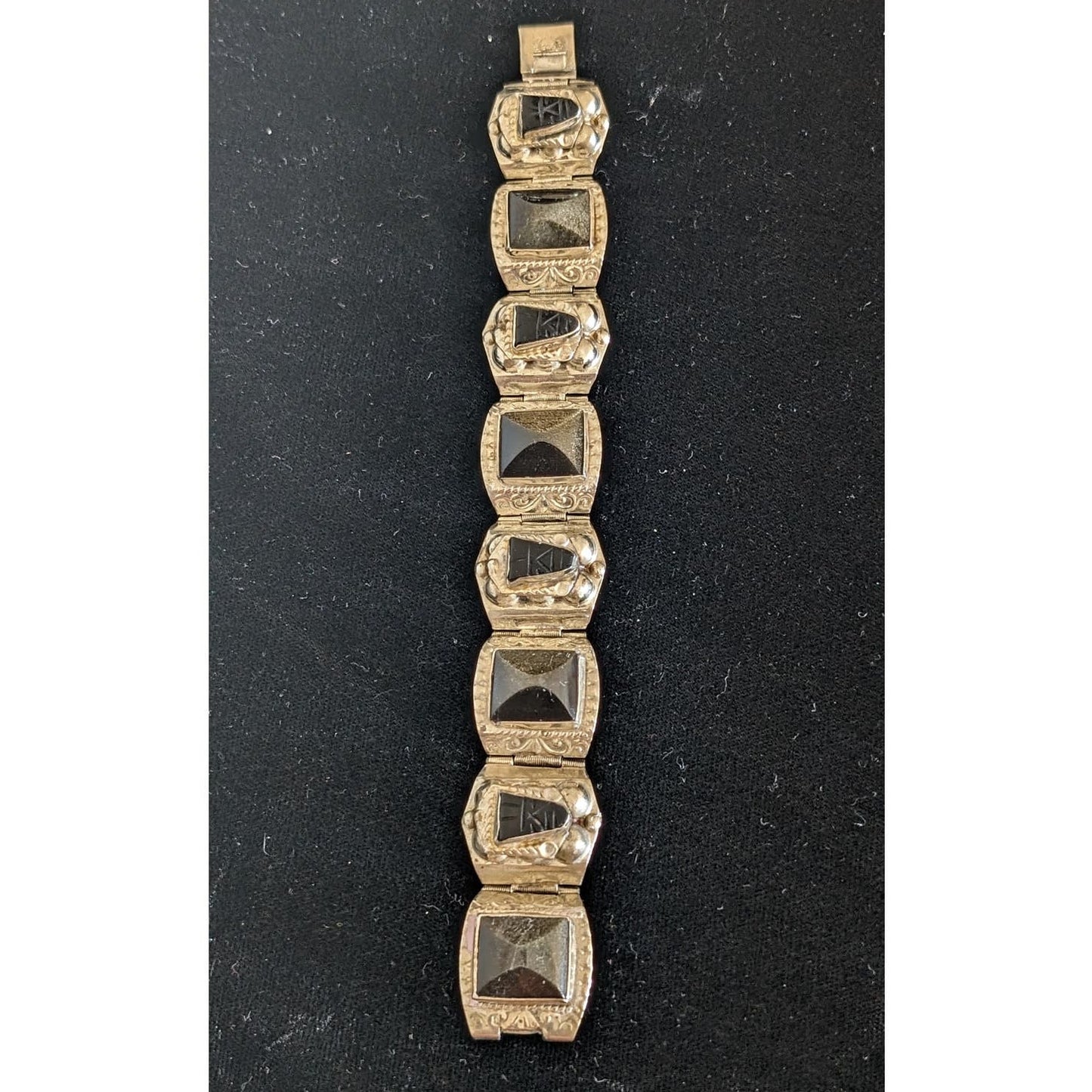 Vintage Taxco Mexico Black Onyx Alpaca Silver Carved Aztec Mask Bracelet
