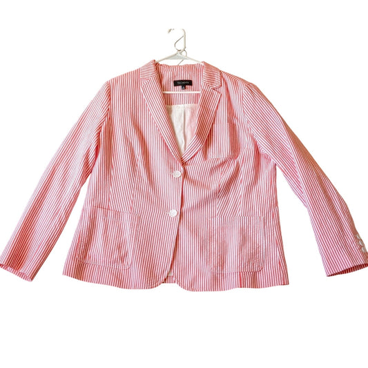 Talbots Vtg 90s Red/Pink Stripe Two Button Cotton Seersucker Blazer Womens Sz 16