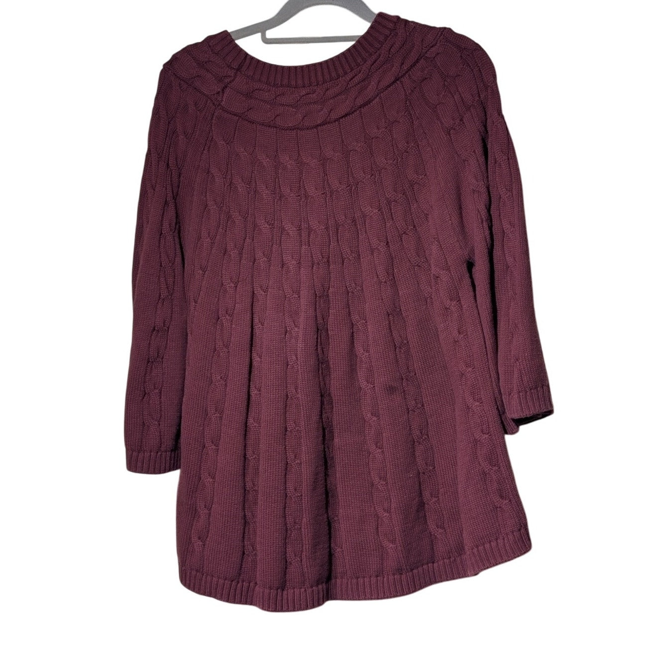 NorthStyle Burgundy Cable 100% Cotton 3/4 Bell Sleeve Sweater Women's Sz XL