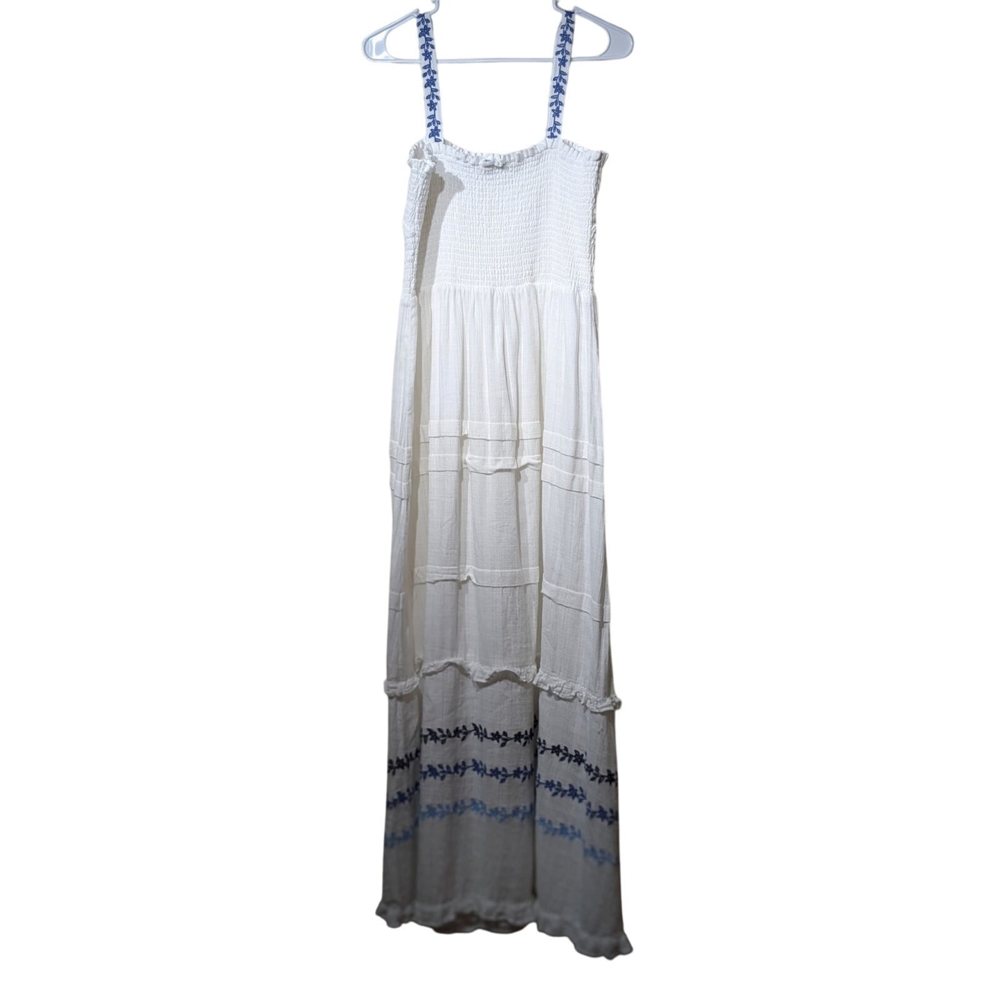 Draper James RSVP White Blue Embroidered Smocked Bodice Tiered Maxi Dress Sz XL