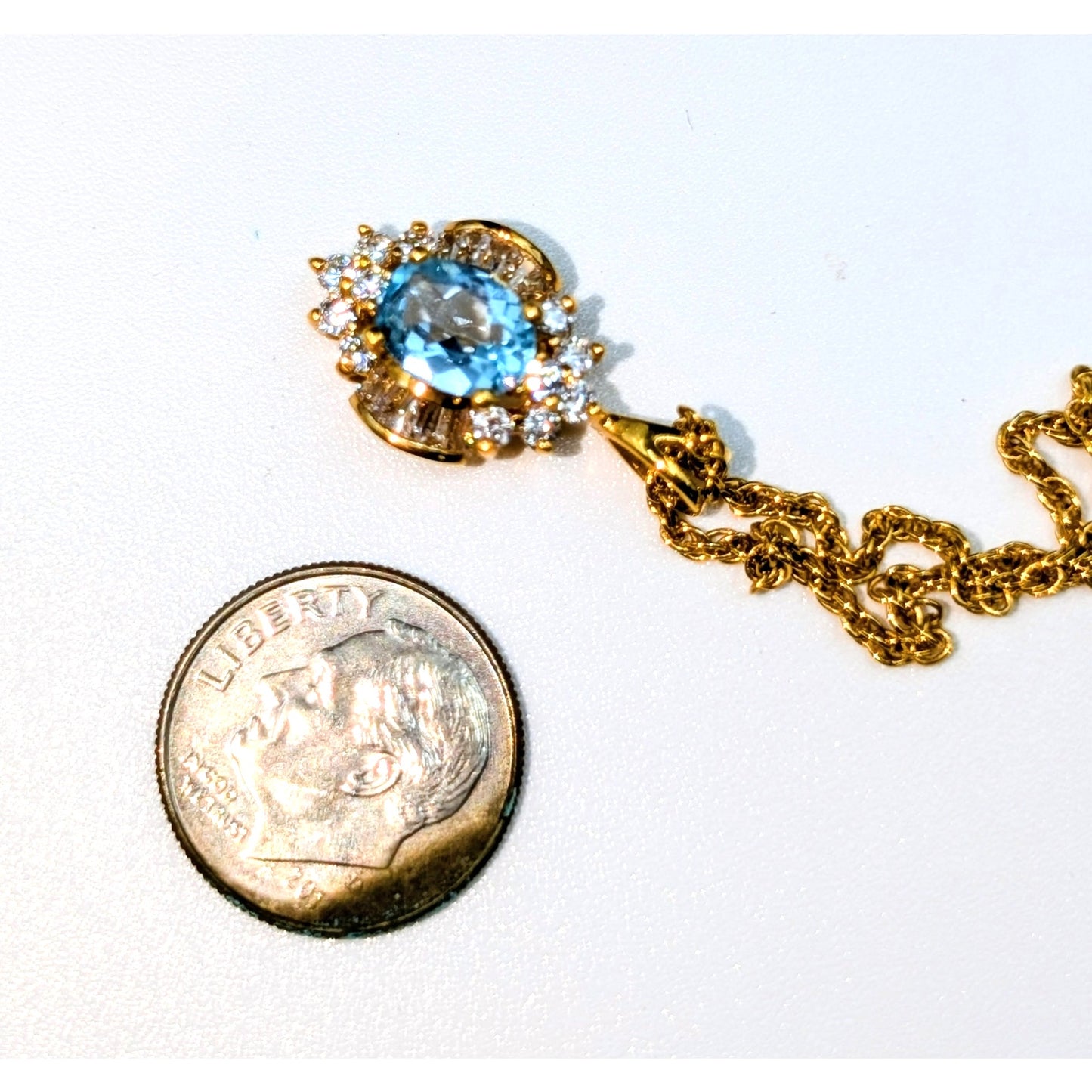 Gold Tone Light Blue Glass & Round & Baguette CZ Pendant 18" Chain Necklace
