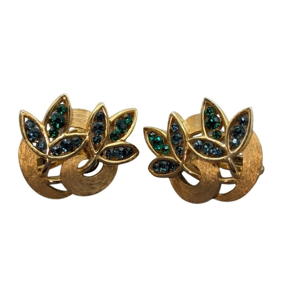 VTG Signed Crown Trifari Blue Green Rhinestone Leaf Brushed Gold Tone Earrings