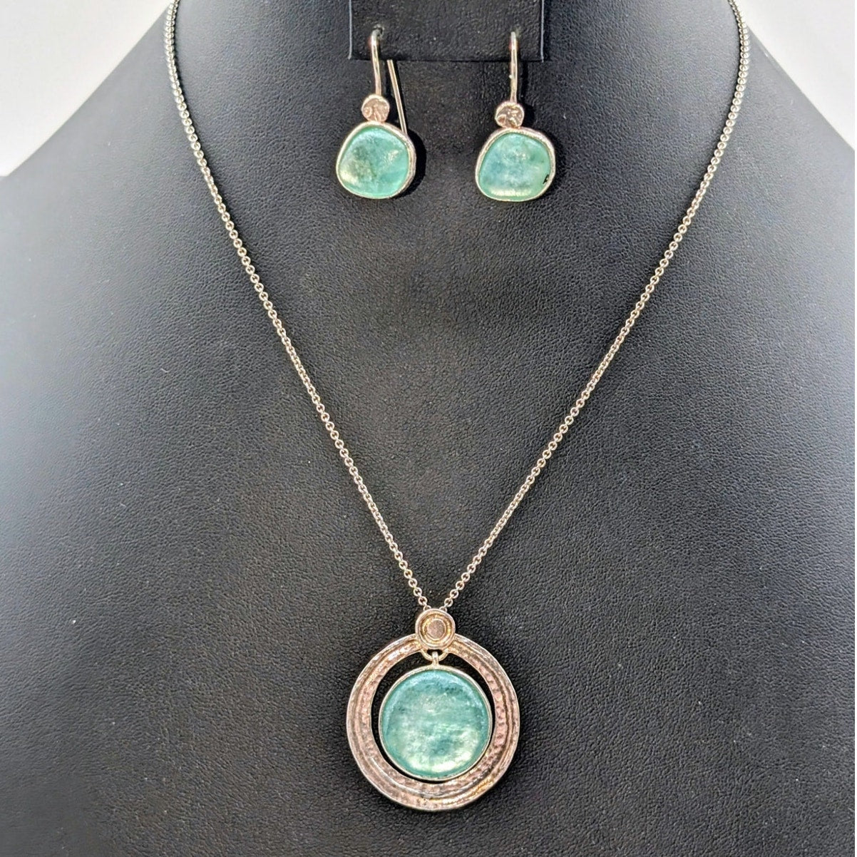 Vtg 925 Sterling Silver Israel Made Roman Glass Pendant Necklace & Earring Set